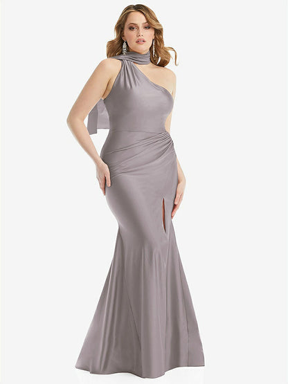 【STYLE: CS109】Scarf Neck One-Shoulder Stretch Satin Mermaid Dress with Slight Train【COLOR: Cashmere Gray】