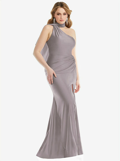 【STYLE: CS109】Scarf Neck One-Shoulder Stretch Satin Mermaid Dress with Slight Train【COLOR: Cashmere Gray】