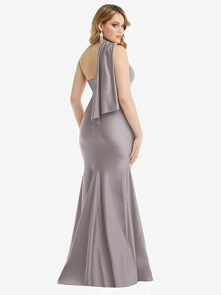 【STYLE: CS109】Scarf Neck One-Shoulder Stretch Satin Mermaid Dress with Slight Train【COLOR: Cashmere Gray】