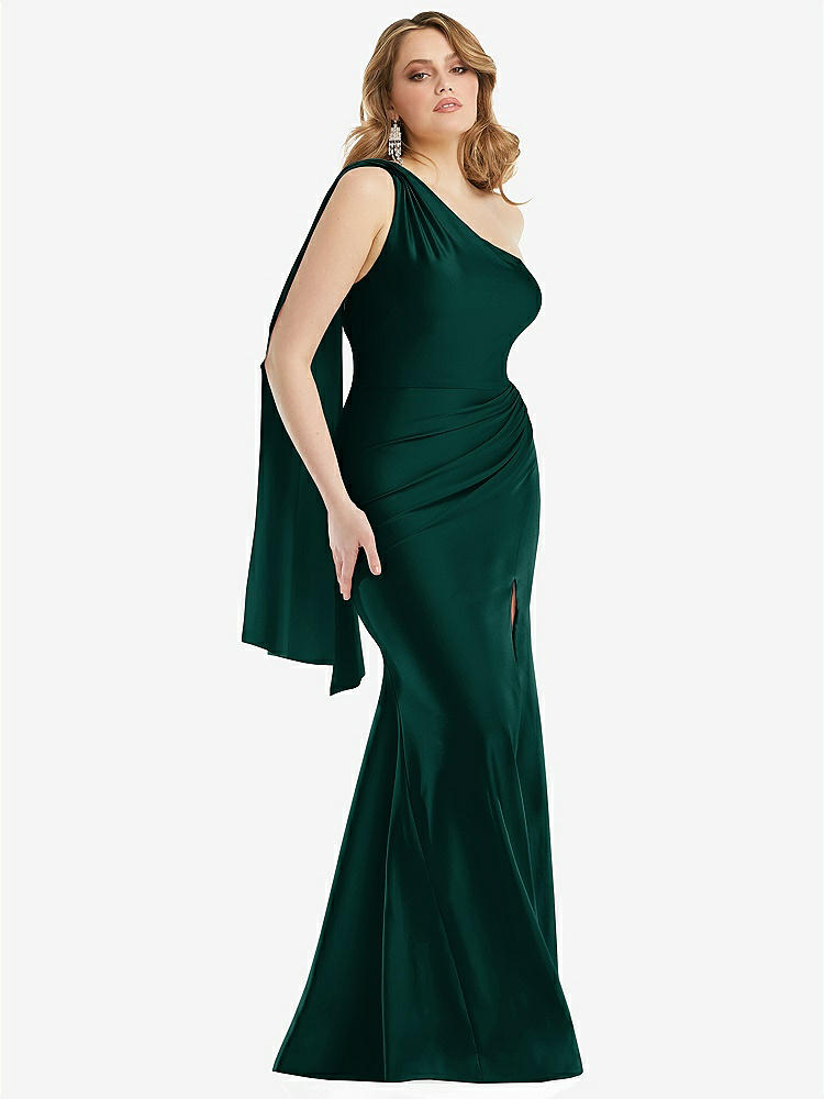 【STYLE: CS109】Scarf Neck One-Shoulder Stretch Satin Mermaid Dress with Slight Train【COLOR: Evergreen】