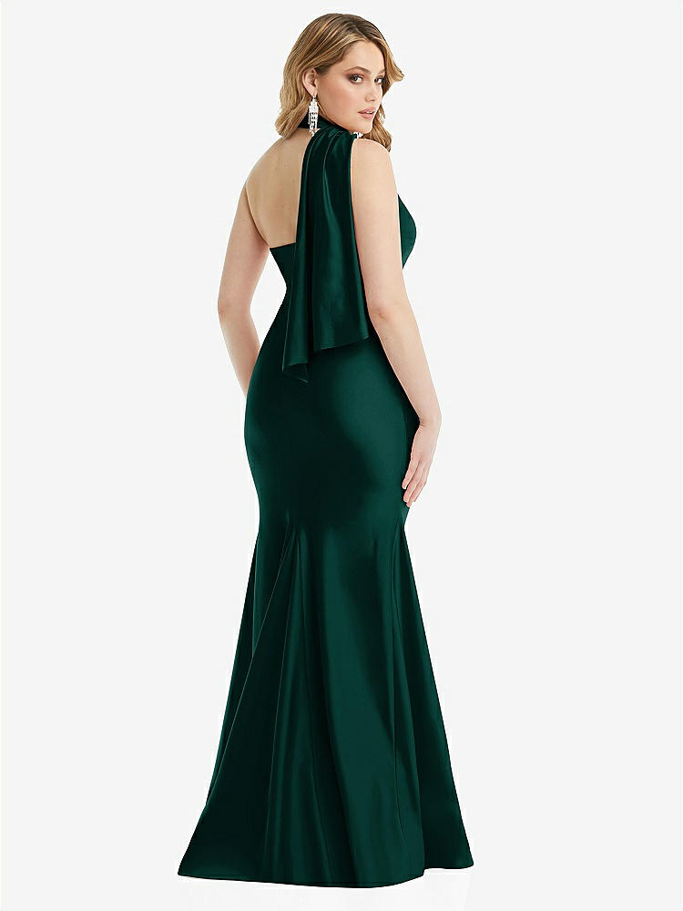 【STYLE: CS109】Scarf Neck One-Shoulder Stretch Satin Mermaid Dress with Slight Train【COLOR: Evergreen】