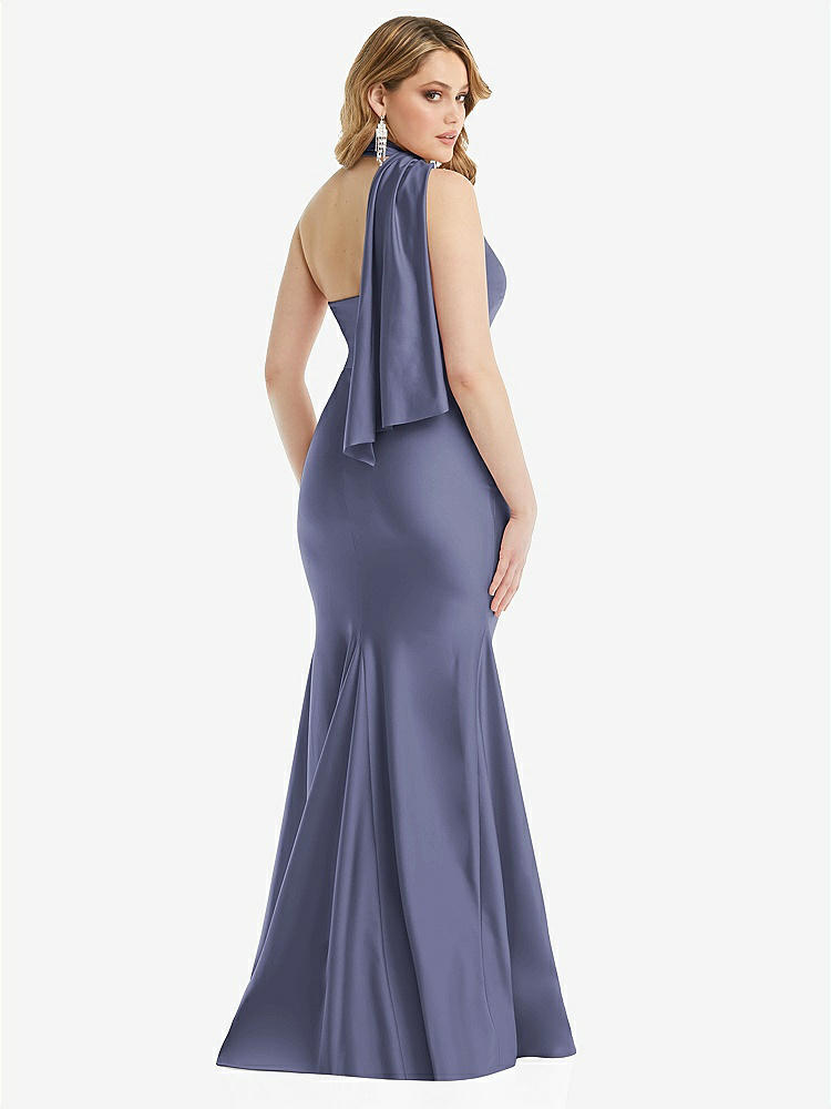 【STYLE: CS109】Scarf Neck One-Shoulder Stretch Satin Mermaid Dress with Slight Train【COLOR: French Blue】