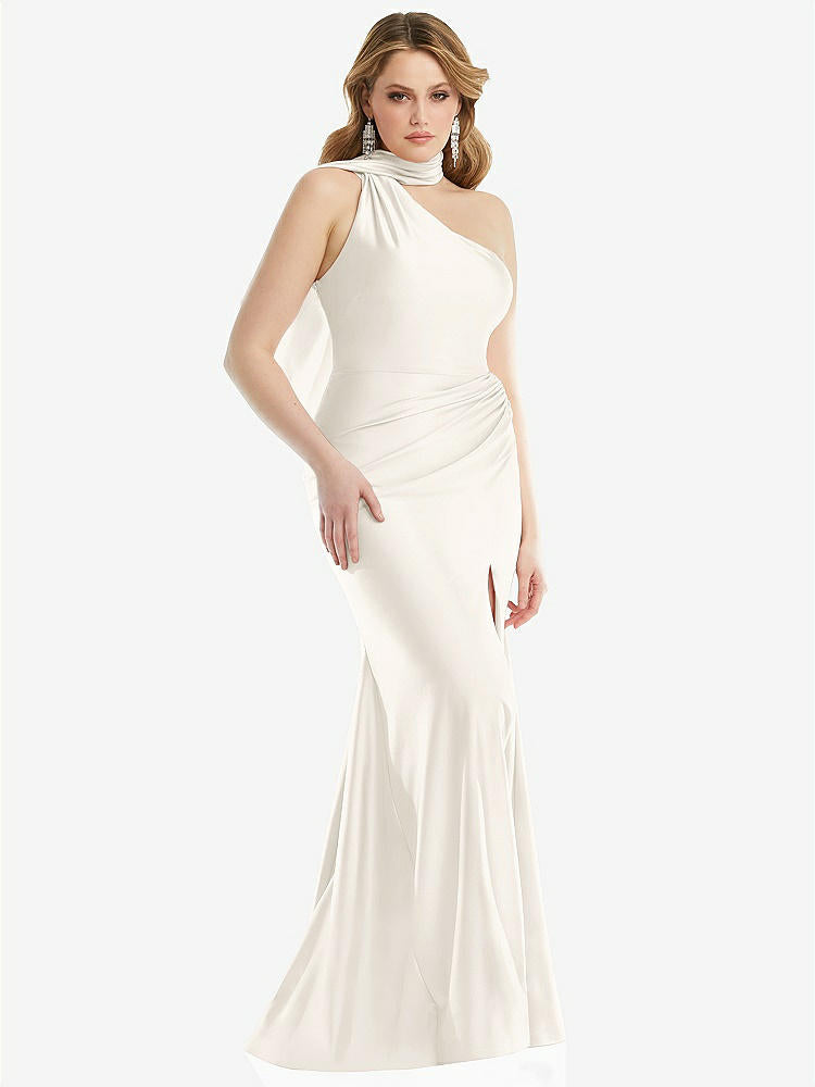 【STYLE: CS109】Scarf Neck One-Shoulder Stretch Satin Mermaid Dress with Slight Train【COLOR: Ivory】