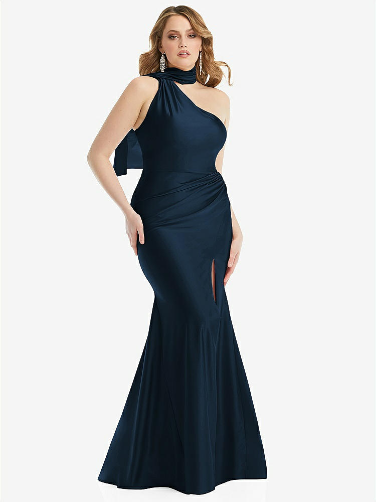 【STYLE: CS109】Scarf Neck One-Shoulder Stretch Satin Mermaid Dress with Slight Train【COLOR: Midnight Navy】
