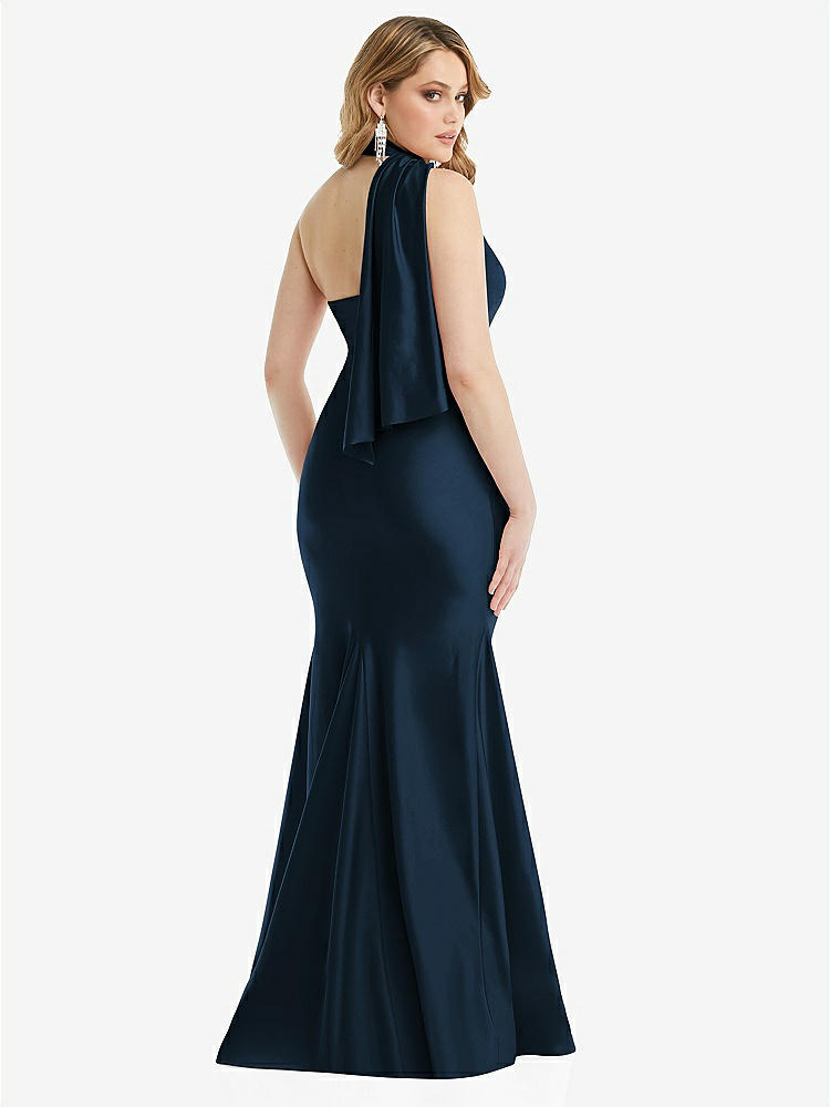 【STYLE: CS109】Scarf Neck One-Shoulder Stretch Satin Mermaid Dress with Slight Train【COLOR: Midnight Navy】