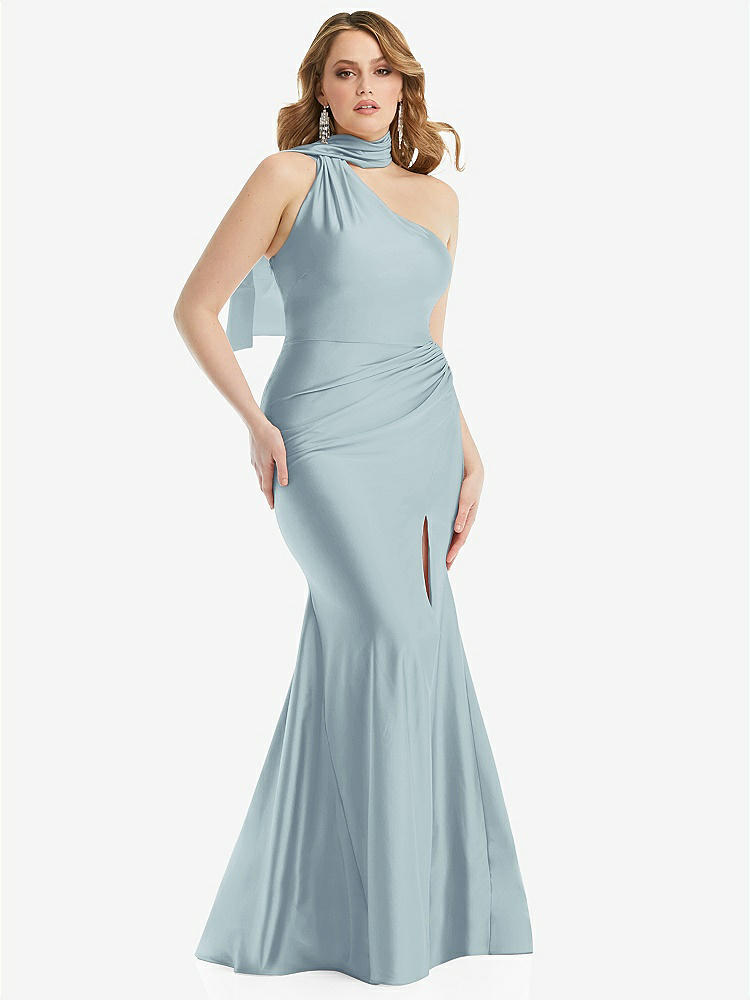 【STYLE: CS109】Scarf Neck One-Shoulder Stretch Satin Mermaid Dress with Slight Train【COLOR: Mist】