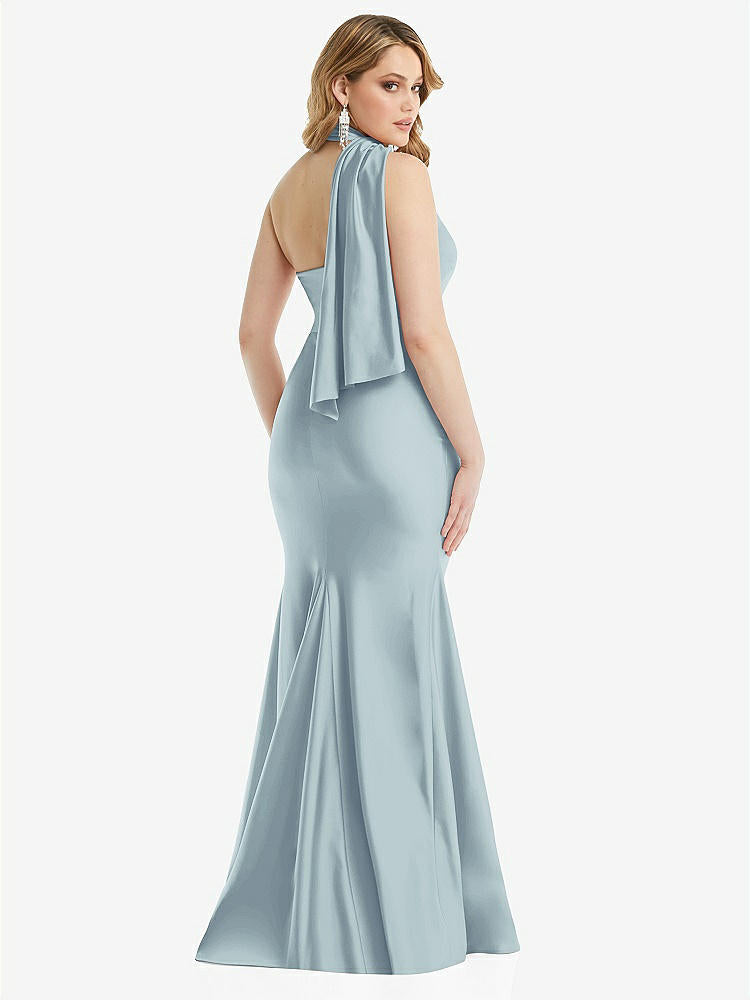 【STYLE: CS109】Scarf Neck One-Shoulder Stretch Satin Mermaid Dress with Slight Train【COLOR: Mist】