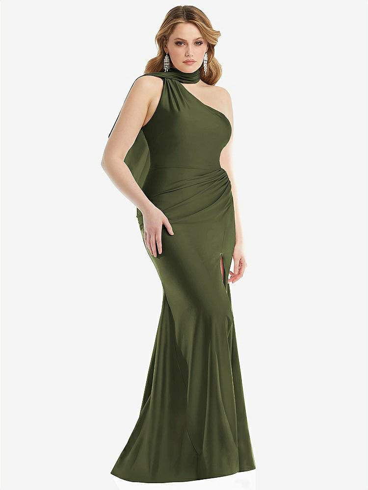 【STYLE: CS109】Scarf Neck One-Shoulder Stretch Satin Mermaid Dress with Slight Train【COLOR: Olive Green】