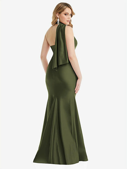 【STYLE: CS109】Scarf Neck One-Shoulder Stretch Satin Mermaid Dress with Slight Train【COLOR: Olive Green】