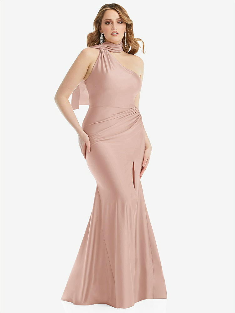 【STYLE: CS109】Scarf Neck One-Shoulder Stretch Satin Mermaid Dress with Slight Train【COLOR: Toasted Sugar】