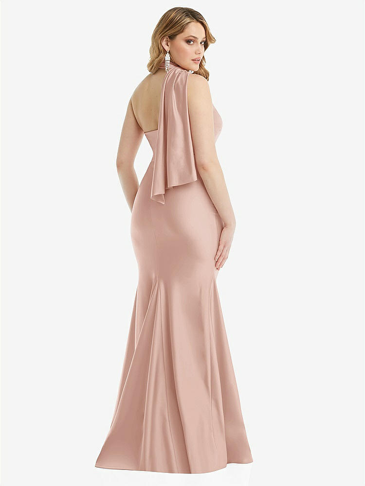 【STYLE: CS109】Scarf Neck One-Shoulder Stretch Satin Mermaid Dress with Slight Train【COLOR: Toasted Sugar】