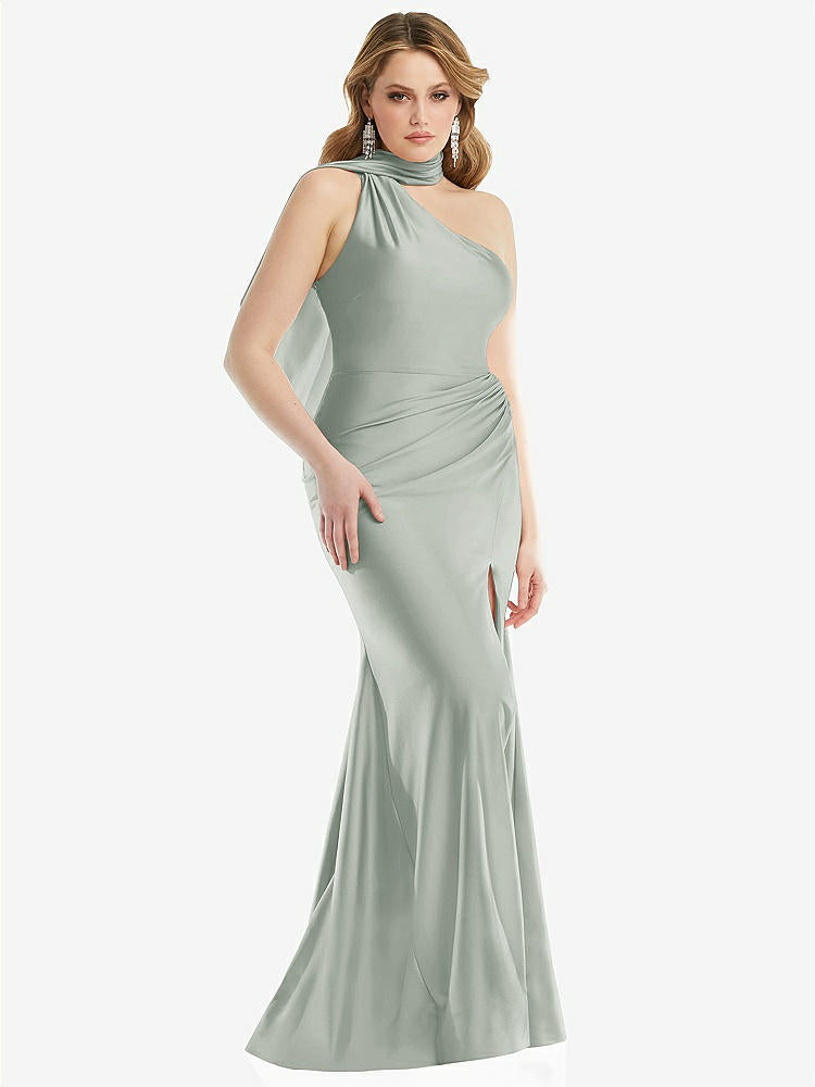 【STYLE: CS109】Scarf Neck One-Shoulder Stretch Satin Mermaid Dress with Slight Train【COLOR: Willow Green】