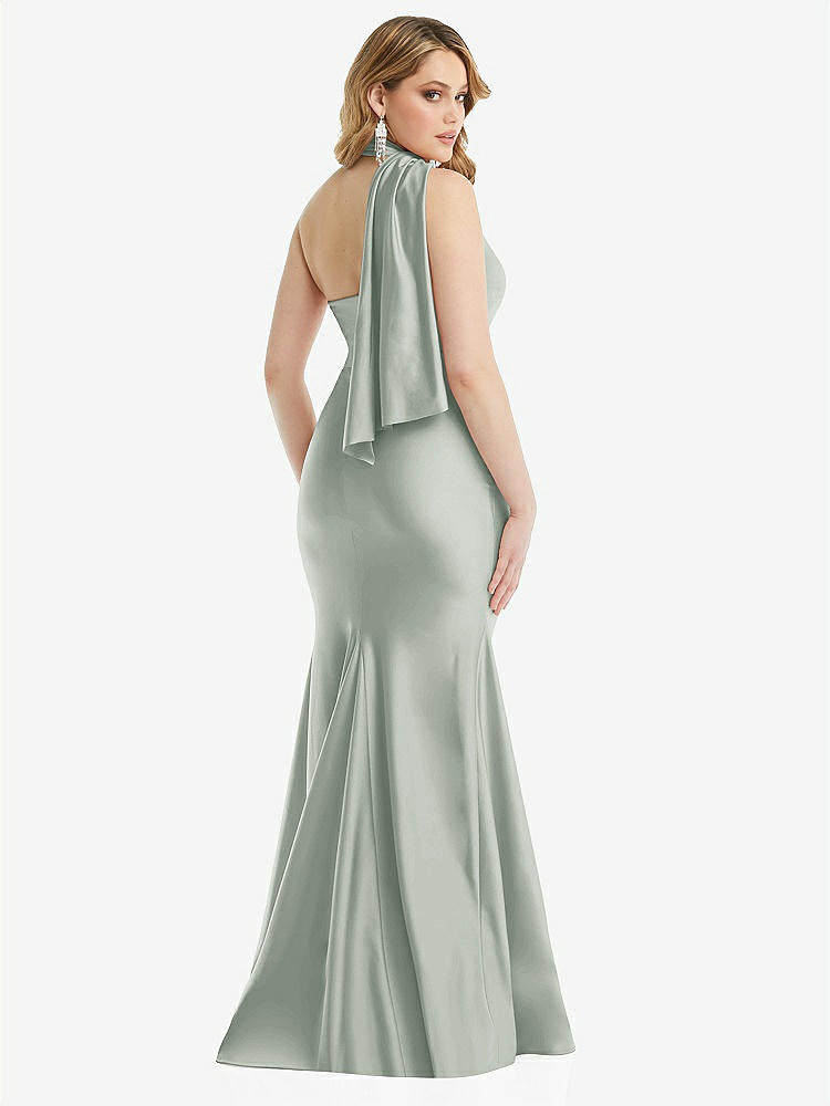 【STYLE: CS109】Scarf Neck One-Shoulder Stretch Satin Mermaid Dress with Slight Train【COLOR: Willow Green】