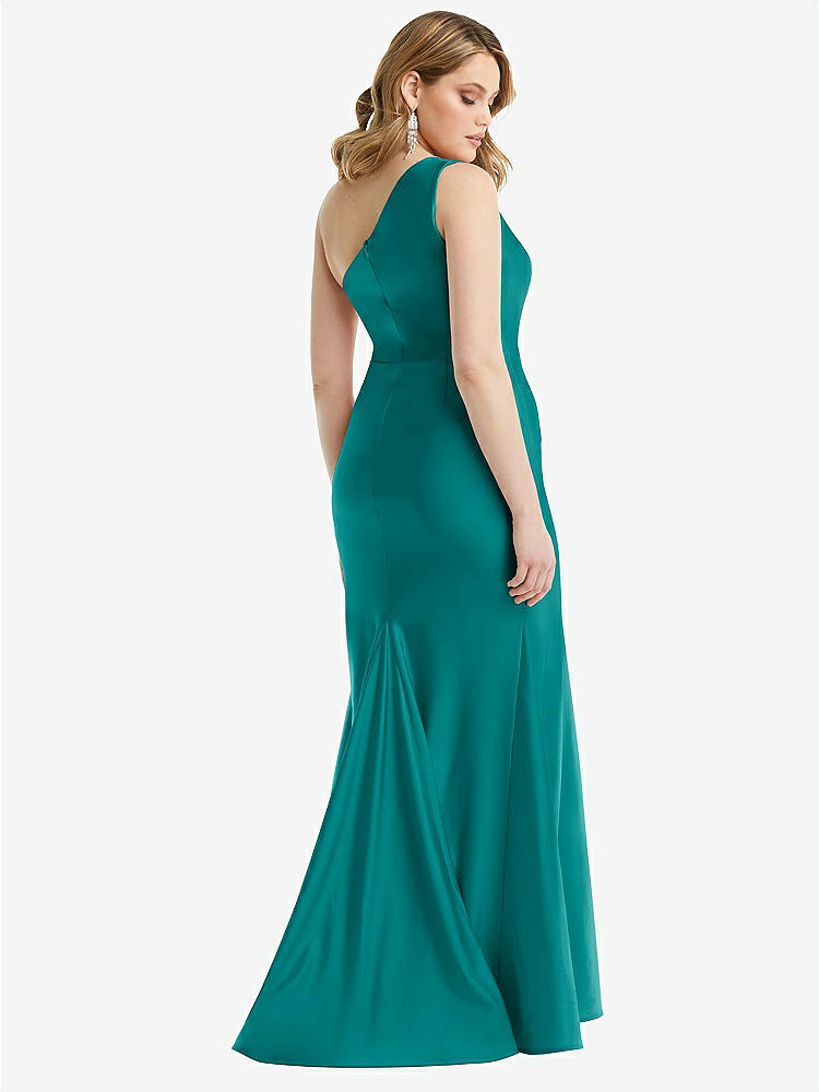 【STYLE: CS110】One-Shoulder Bustier Stretch Satin Mermaid Dress with Cascade Ruffle【COLOR: Peacock Teal】