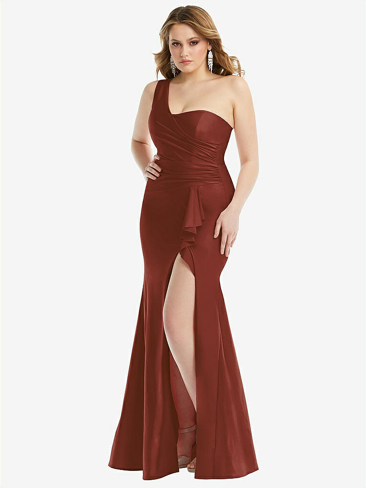 【STYLE: CS110】One-Shoulder Bustier Stretch Satin Mermaid Dress with Cascade Ruffle【COLOR: Auburn Moon】