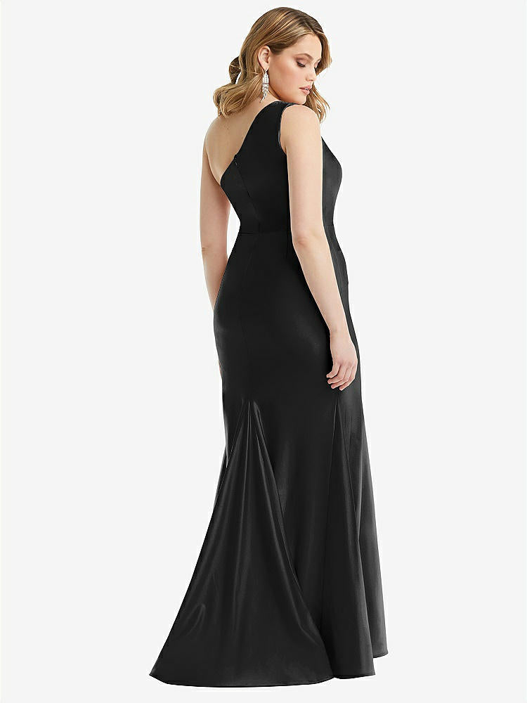 【STYLE: CS110】One-Shoulder Bustier Stretch Satin Mermaid Dress with Cascade Ruffle【COLOR: Black】