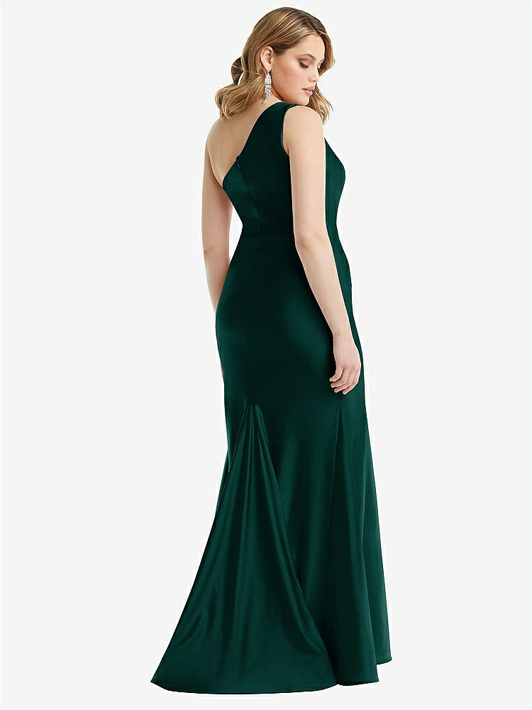 【STYLE: CS110】One-Shoulder Bustier Stretch Satin Mermaid Dress with Cascade Ruffle【COLOR: Evergreen】