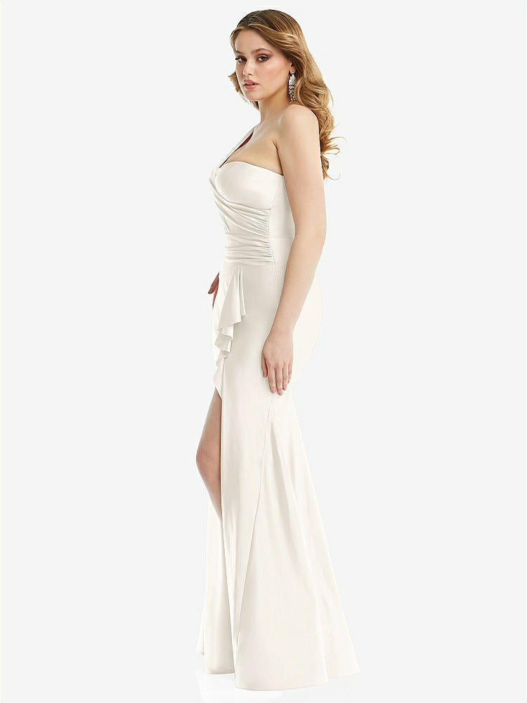 【STYLE: CS110】One-Shoulder Bustier Stretch Satin Mermaid Dress with Cascade Ruffle【COLOR: Ivory】