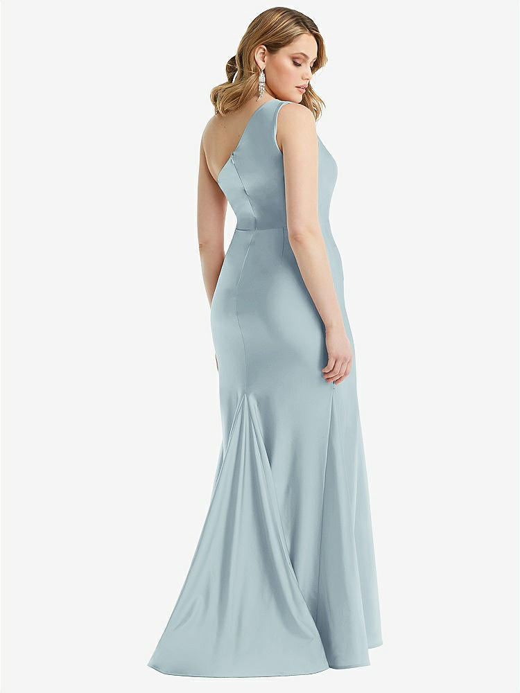 【STYLE: CS110】One-Shoulder Bustier Stretch Satin Mermaid Dress with Cascade Ruffle【COLOR: Mist】