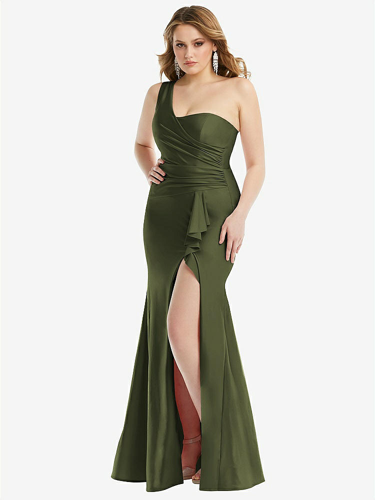 【STYLE: CS110】One-Shoulder Bustier Stretch Satin Mermaid Dress with Cascade Ruffle【COLOR: Olive Green】