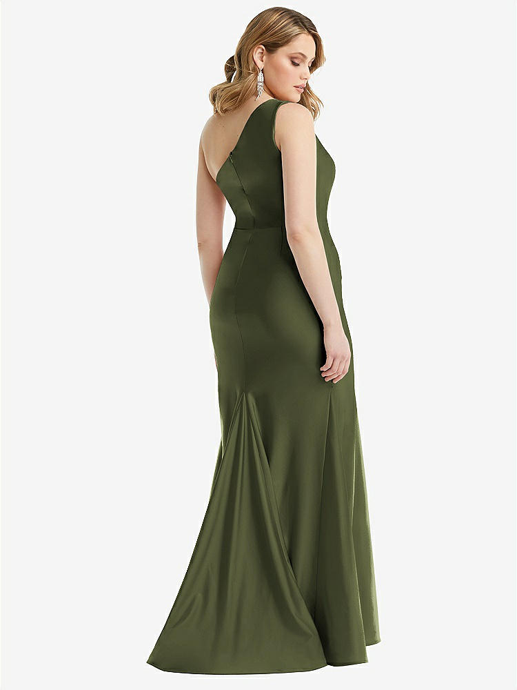 【STYLE: CS110】One-Shoulder Bustier Stretch Satin Mermaid Dress with Cascade Ruffle【COLOR: Olive Green】