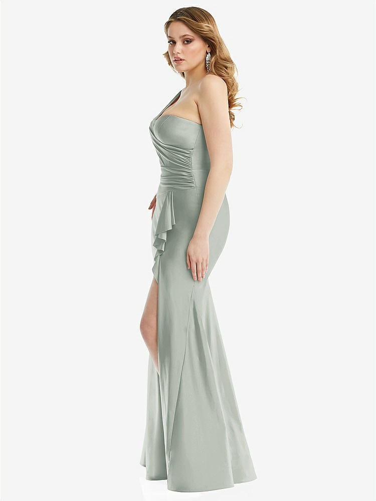 【STYLE: CS110】One-Shoulder Bustier Stretch Satin Mermaid Dress with Cascade Ruffle【COLOR: Willow Green】
