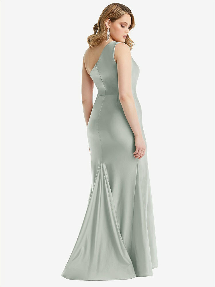 【STYLE: CS110】One-Shoulder Bustier Stretch Satin Mermaid Dress with Cascade Ruffle【COLOR: Willow Green】