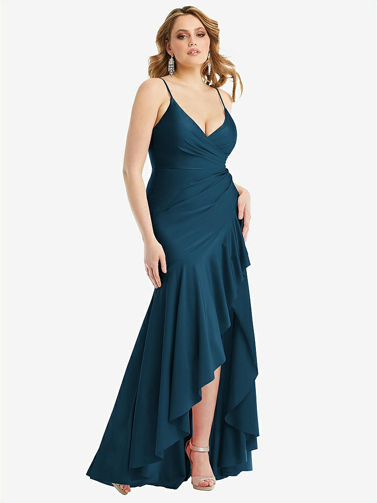 【STYLE: CS111】Pleated Wrap Ruffled High Low Stretch Satin Gown with Slight Train【COLOR: Atlantic Blue】