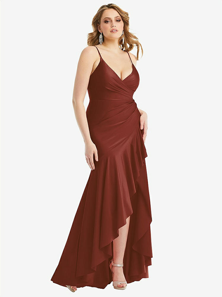【STYLE: CS111】Pleated Wrap Ruffled High Low Stretch Satin Gown with Slight Train【COLOR: Auburn Moon】