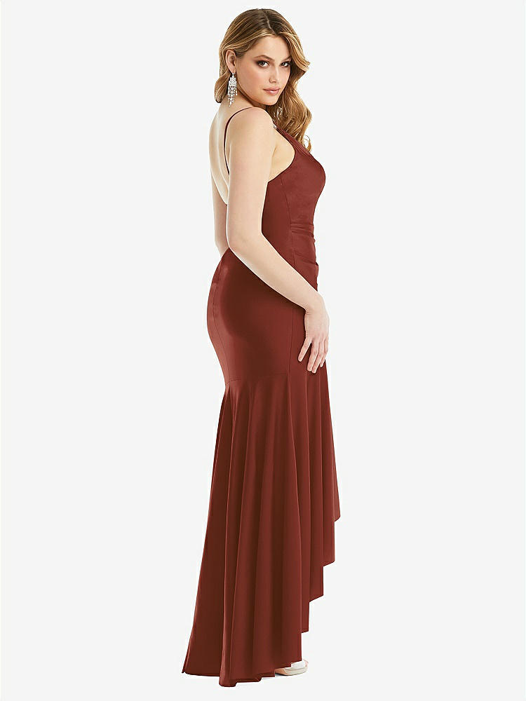 【STYLE: CS111】Pleated Wrap Ruffled High Low Stretch Satin Gown with Slight Train【COLOR: Auburn Moon】
