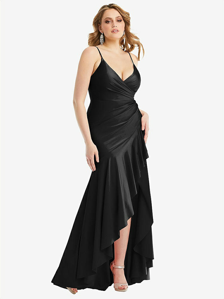 【STYLE: CS111】Pleated Wrap Ruffled High Low Stretch Satin Gown with Slight Train【COLOR: Black】