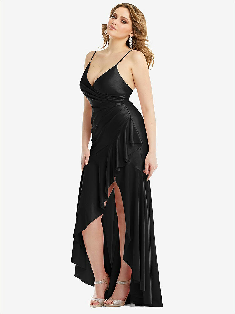 【STYLE: CS111】Pleated Wrap Ruffled High Low Stretch Satin Gown with Slight Train【COLOR: Black】