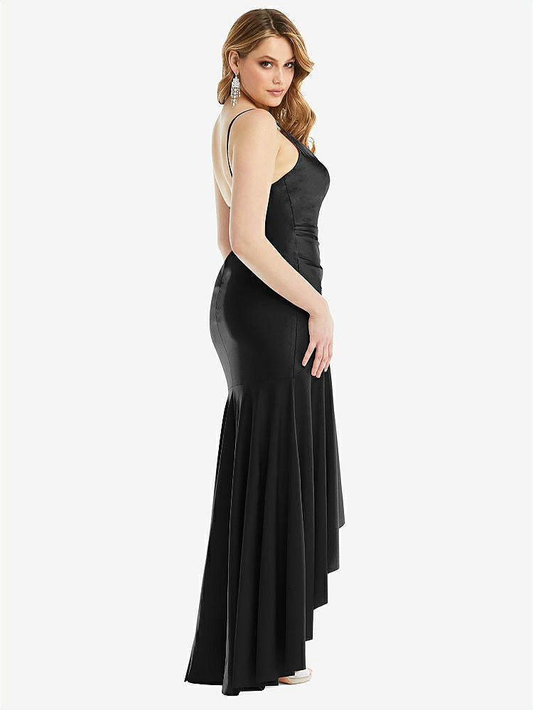 【STYLE: CS111】Pleated Wrap Ruffled High Low Stretch Satin Gown with Slight Train【COLOR: Black】