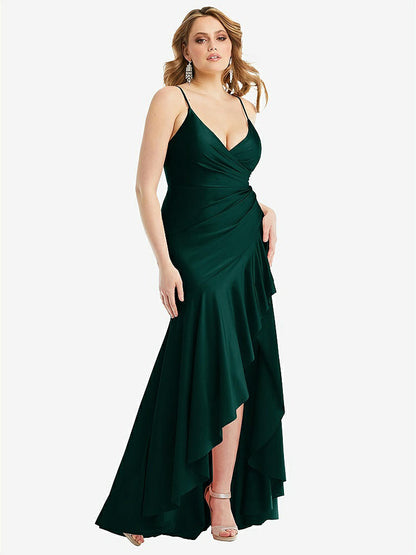 【STYLE: CS111】Pleated Wrap Ruffled High Low Stretch Satin Gown with Slight Train【COLOR: Evergreen】