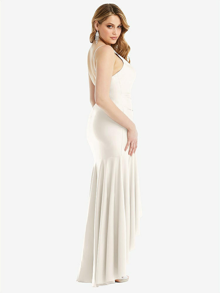 【STYLE: CS111】Pleated Wrap Ruffled High Low Stretch Satin Gown with Slight Train【COLOR: Ivory】