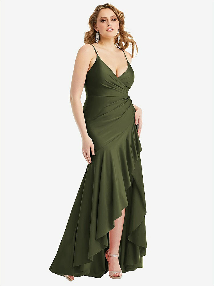 【STYLE: CS111】Pleated Wrap Ruffled High Low Stretch Satin Gown with Slight Train【COLOR: Olive Green】