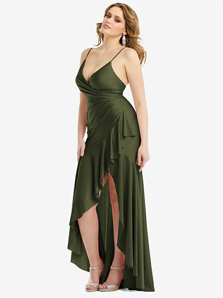 【STYLE: CS111】Pleated Wrap Ruffled High Low Stretch Satin Gown with Slight Train【COLOR: Olive Green】