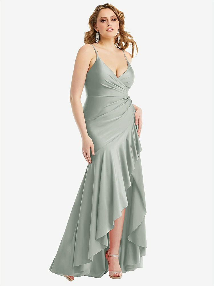 【STYLE: CS111】Pleated Wrap Ruffled High Low Stretch Satin Gown with Slight Train【COLOR: Willow Green】