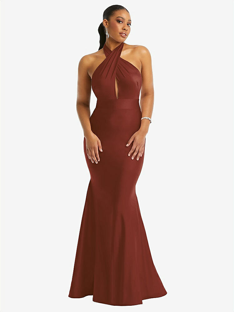 【STYLE: CS112】Criss Cross Halter Open-Back Stretch Satin Mermaid Dress【COLOR: Auburn Moon】