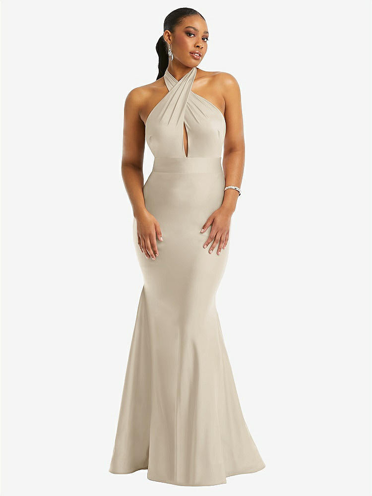 【STYLE: CS112】Criss Cross Halter Open-Back Stretch Satin Mermaid Dress【COLOR: Champagne】