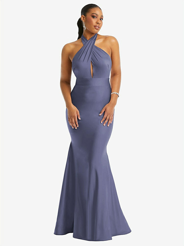 【STYLE: CS112】Criss Cross Halter Open-Back Stretch Satin Mermaid Dress【COLOR: French Blue】