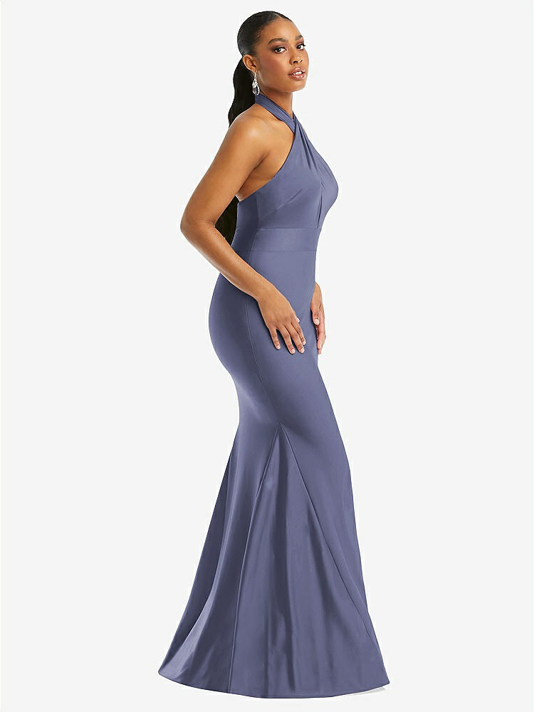 【STYLE: CS112】Criss Cross Halter Open-Back Stretch Satin Mermaid Dress【COLOR: French Blue】