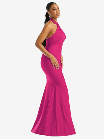 【STYLE: CS112】Criss Cross Halter Open-Back Stretch Satin Mermaid Dress【COLOR: Think Pink】