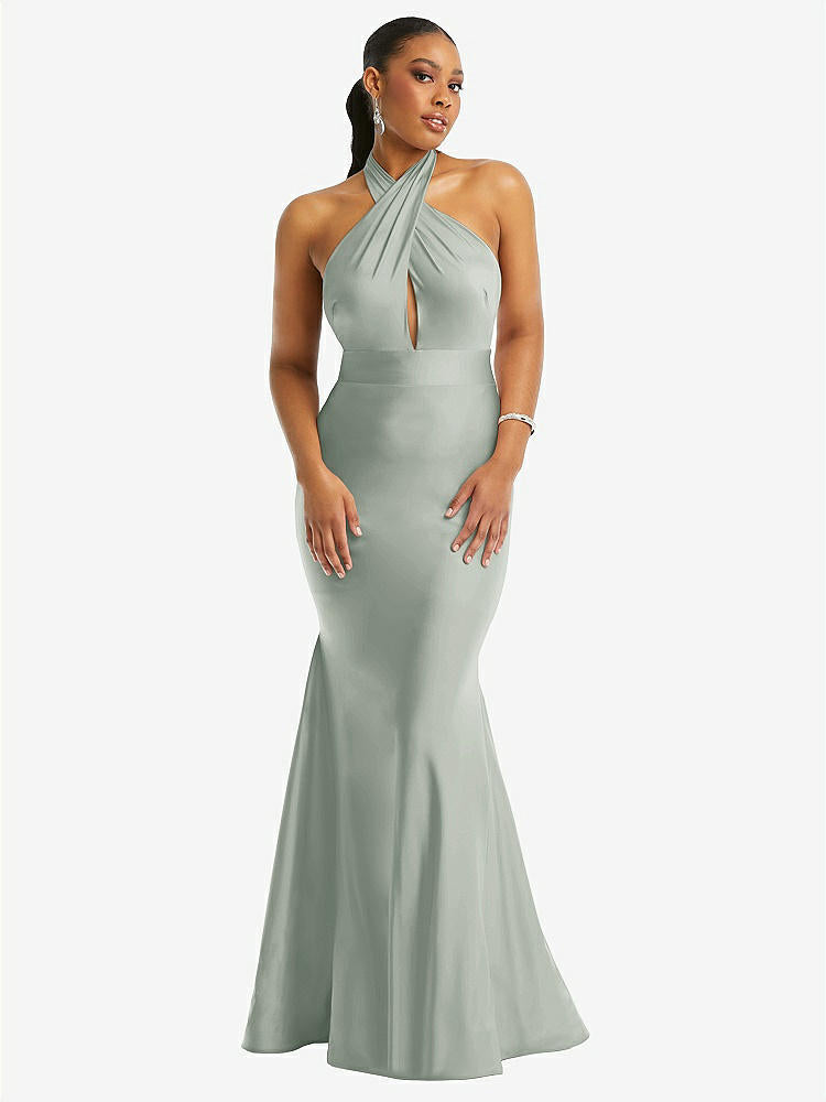 【STYLE: CS112】Criss Cross Halter Open-Back Stretch Satin Mermaid Dress【COLOR: Willow Green】