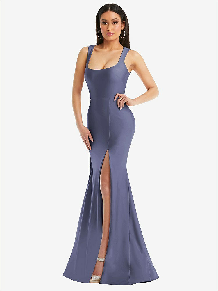 【STYLE: CS113】Square Neck Stretch Satin Mermaid Dress with Slight Train【COLOR: French Blue】