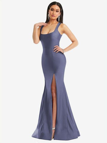 【STYLE: CS113】Square Neck Stretch Satin Mermaid Dress with Slight Train【COLOR: French Blue】