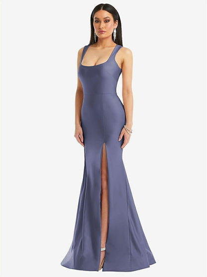【STYLE: CS113】Square Neck Stretch Satin Mermaid Dress with Slight Train【COLOR: French Blue】