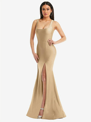 【STYLE: CS113】Square Neck Stretch Satin Mermaid Dress with Slight Train【COLOR: Soft Gold】