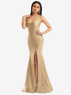 【STYLE: CS113】Square Neck Stretch Satin Mermaid Dress with Slight Train【COLOR: Soft Gold】