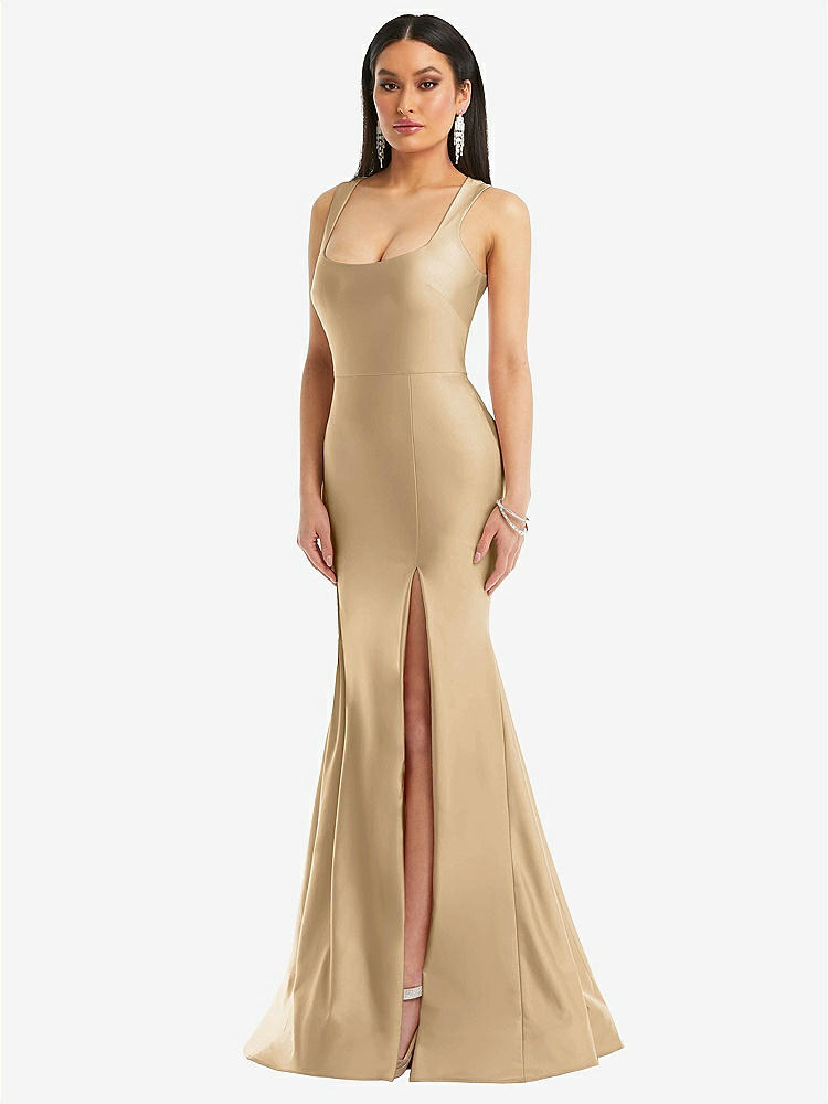 【STYLE: CS113】Square Neck Stretch Satin Mermaid Dress with Slight Train【COLOR: Soft Gold】